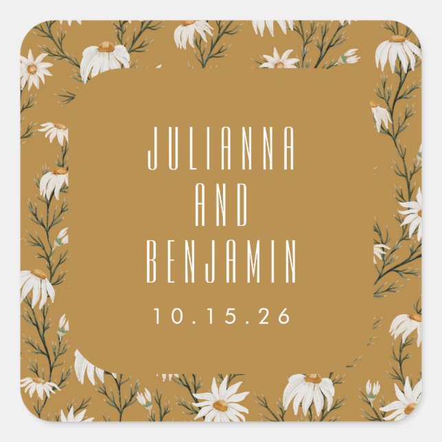 Boho Rustic Floral Mustard Yellow Wedding Custom Square Sticker (Front)