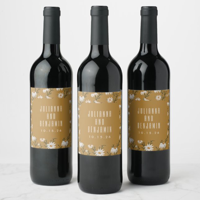 Boho Rustic Floral Mustard Yellow Wedding Custom  Wine Label (Bottles)