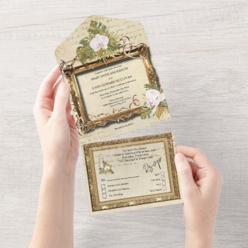 Boho rustic floral orchid vintage frame  all in one invitation