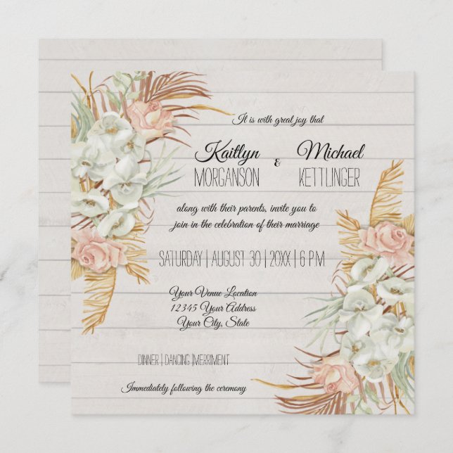 BOHO Rustic Floral Pampas Palm Foliage Wedding Invitation (Front/Back)
