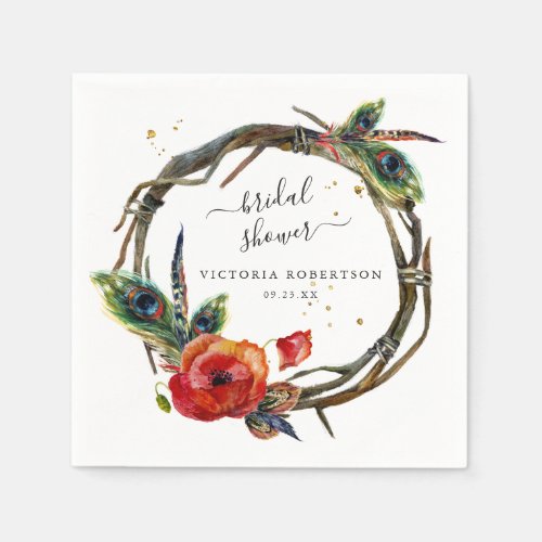 Boho Rustic Floral Peacock Bridal Shower Napkins