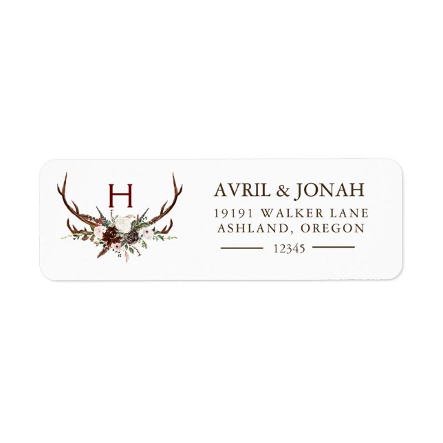 Boho Rustic Floral Rose Antlers Monogram Return Label (Front)
