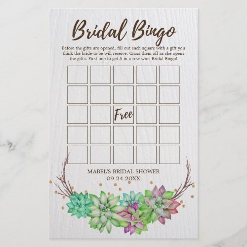 Boho Rustic Floral Succulent Bridal Bingo Game