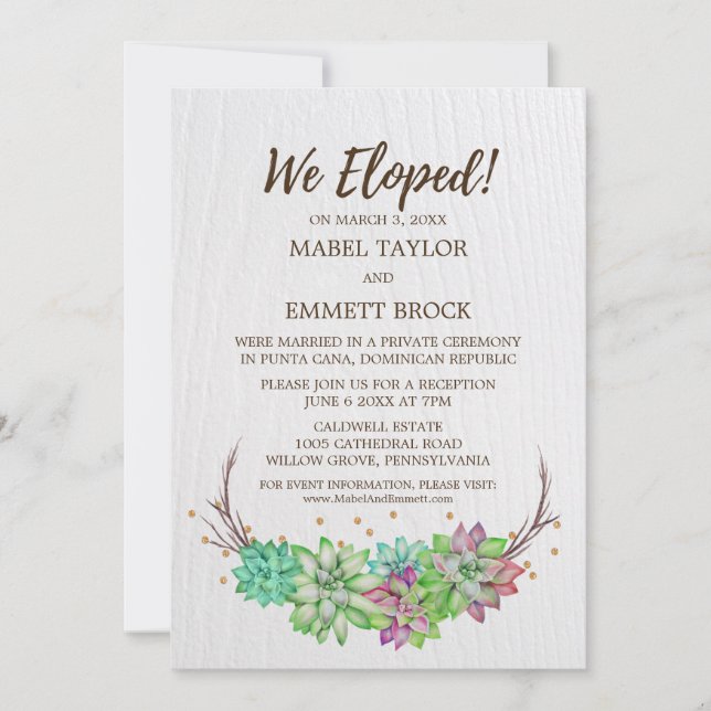 Boho Rustic Floral Succulent Elopement Reception Invitation (Front)