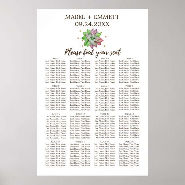 Boho Rustic Floral Succulent Wedding Seating Chart (Front)