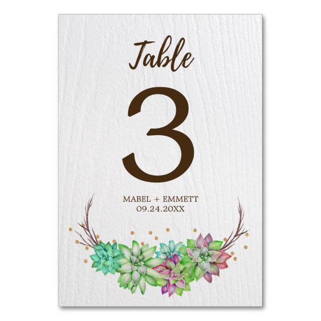 Boho Rustic Floral Succulent Wedding Table Number (Front)