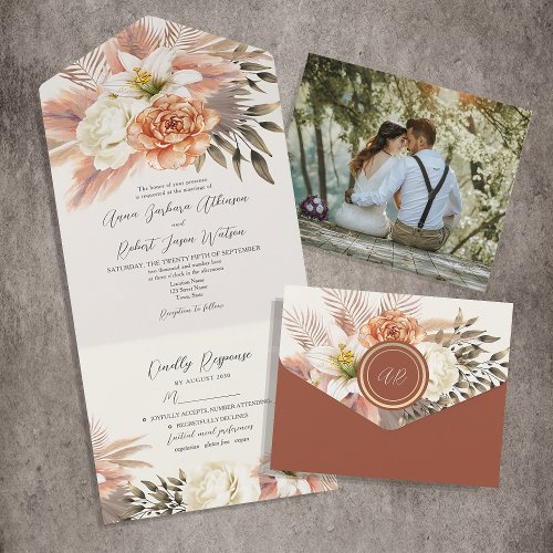 Boho Rustic Floral Wedding All In One Invitation