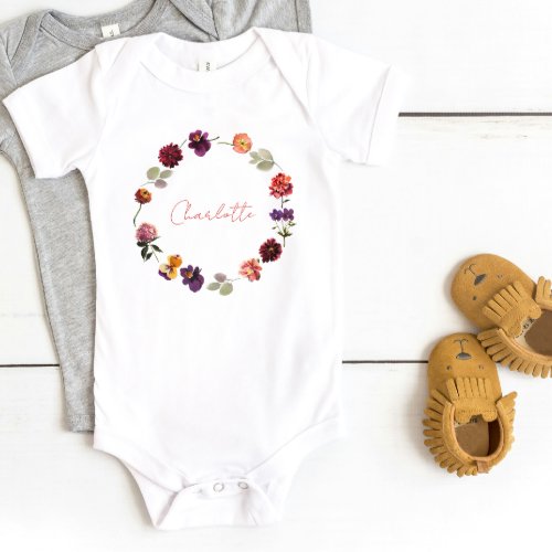 Boho Rustic Floral Wreath Watercolor Script Name Baby Bodysuit