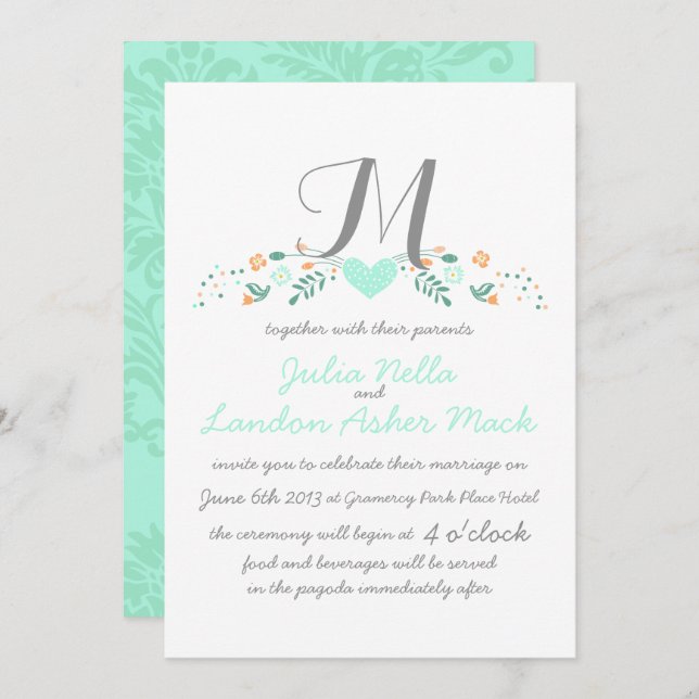Boho Rustic Folk Art Mint Wedding Invitation (Front/Back)