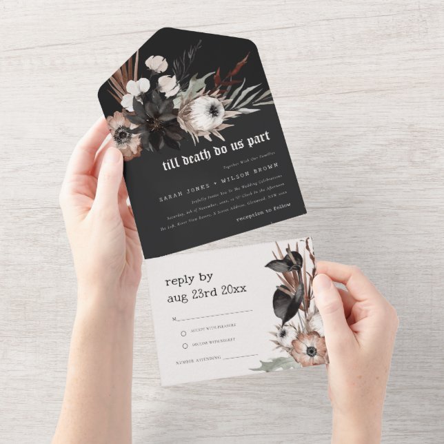 Boho Rustic Gothic Rust Black Botanical Wedding All In One Invitation (Tearaway)