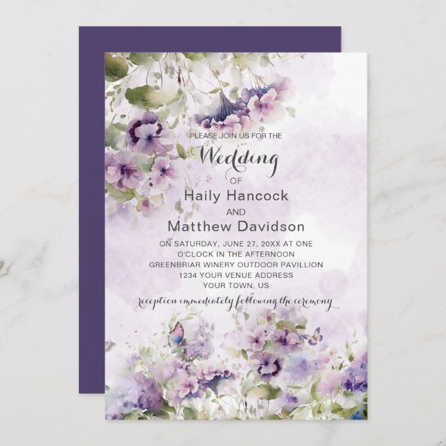 Boho Rustic Lavender Purple Floral Wildflowers  Invitation (Front/Back)