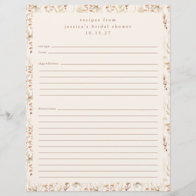 Boho Rustic Meadow Floral Personalized Recipe Page (Front)