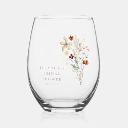 Boho Rustic Meadow Flowers Floral Bridal Shower Stemless Wine Glass
