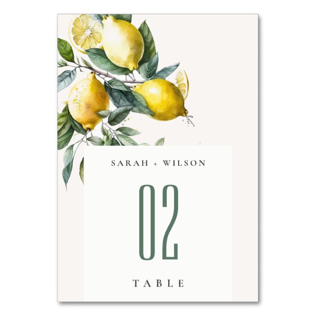Boho Rustic Minimal Yellow Lemon Garden Wedding Table Number (Front)