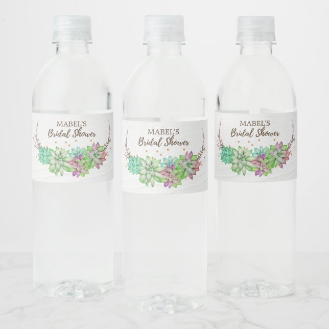 Boho Rustic Mint Floral Succulent Bridal Shower Water Bottle Label (Bottles)