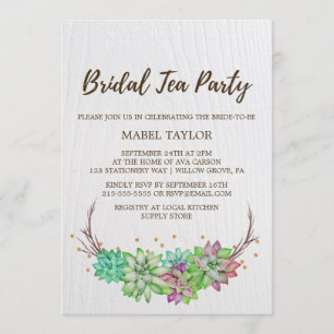 Boho Rustic Mint Floral Succulent Bridal Tea Party Invitation