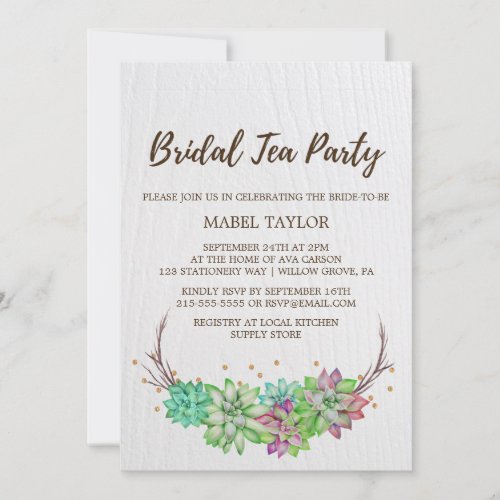 Boho Rustic Mint Floral Succulent Bridal Tea Party Invitation