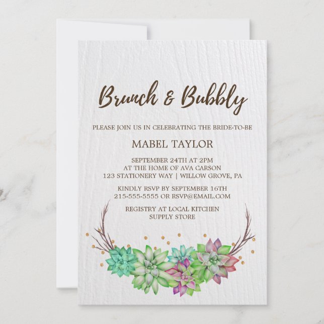 Boho Rustic Mint Floral Succulent Brunch & Bubbly Invitation (Front)