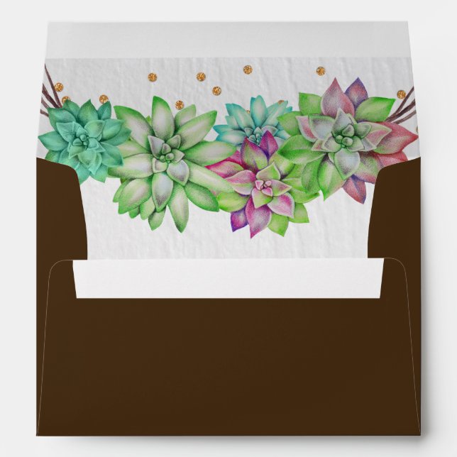 Boho Rustic Mint Floral Succulent Lined Wedding Envelope (Back (Bottom))