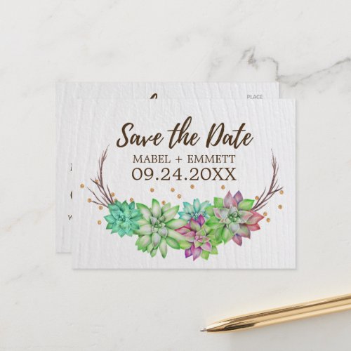 Boho Rustic Mint Floral Succulent Save the Date Announcement Postcard