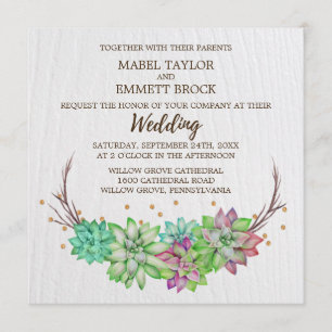 Boho Rustic Mint Floral Succulent Square Wedding Invitation
