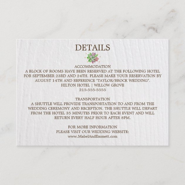 Boho Rustic Mint Floral Succulent Wedding Details Enclosure Card