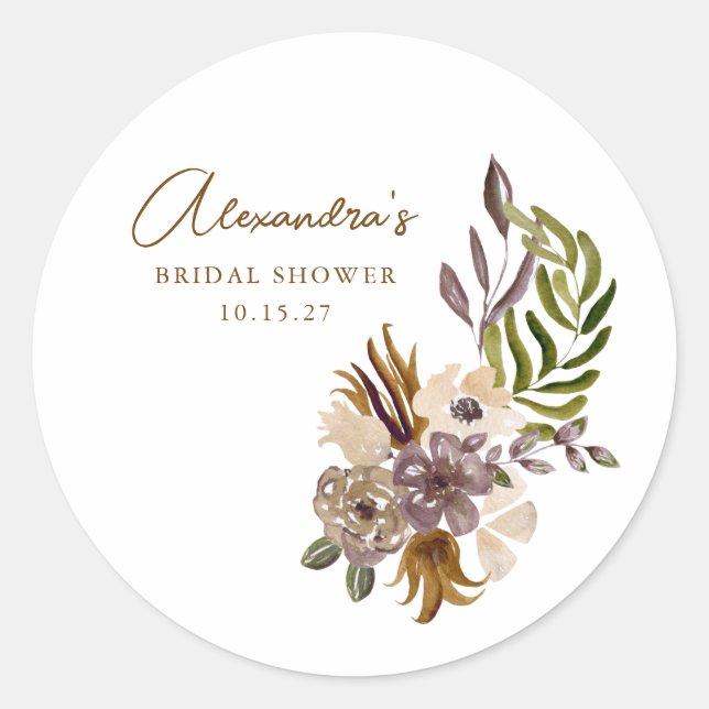 Boho Rustic Nature Botanical Custom Bridal Shower Classic Round Sticker (Front)