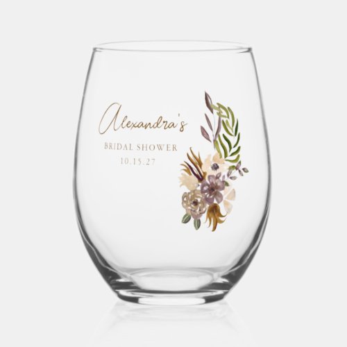 Boho Rustic Nature Botanical Custom Bridal Shower Stemless Wine Glass
