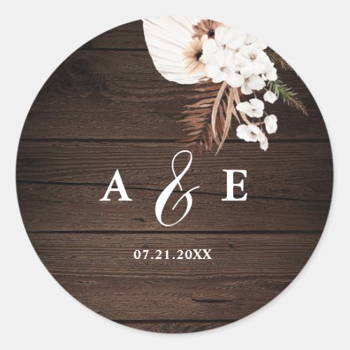 Boho Rustic Neutral Dried Palm Leaves Wedding Squa Classic Round Sticker