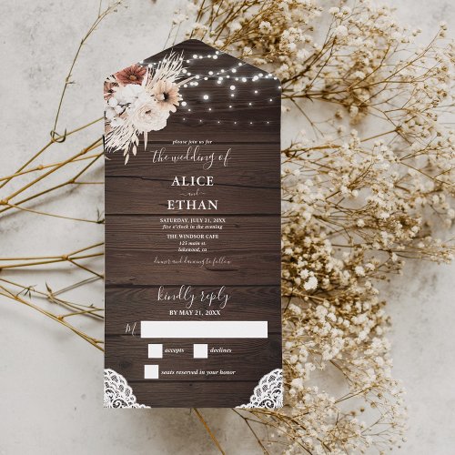 Boho Rustic Neutral Flowers String Lights All In O All In One Invitation