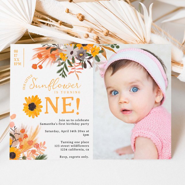 Boho rustic orange sunflowers photo 1st birthday invitation (Creator Uploaded)