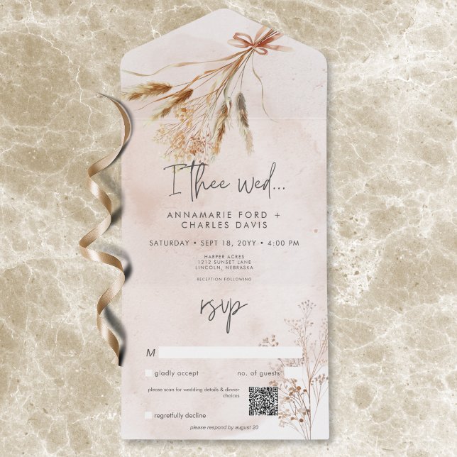 Boho Rustic Pampas & Dried Grass Bouquet QR Code All In One Invitation (Boho Rustic Pampas & Dried Grass Bouquet QR Code All In One Invitation)