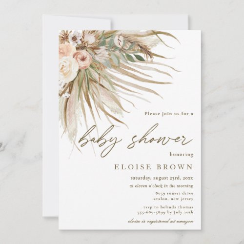 Boho Rustic Pampas Grass Floral Baby Shower Invitation