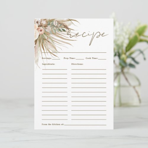 Boho Rustic Pampas Grass Floral Bring Recipe Card