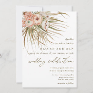 Boho Rustic Pampas Grass Peach Floral Wedding Invitation