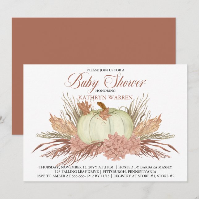 Boho Rustic Pampas Grass |Pumpkin Girl Baby Shower Invitation (Front/Back)