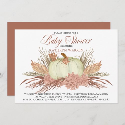Boho Rustic Pampas Grass Pumpkin Girl Baby Shower Invitation