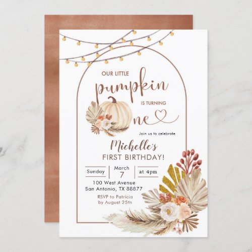 Boho Rustic Pampas Grass White Pumpkin Birthday Invitation