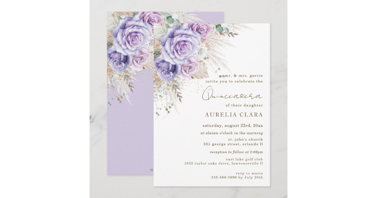 Boho Rustic Pampas Purple Floral Quinceañera Invi Invitation | Zazzle