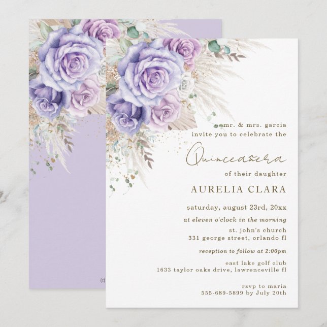 Boho Rustic Pampas Purple Floral Quinceañera  Invi Invitation (Front/Back)