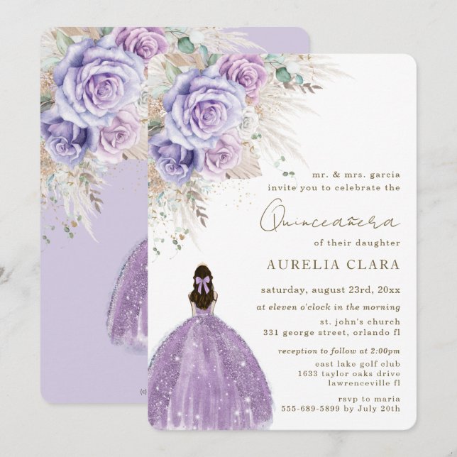 Boho Rustic Pampas Purple Floral Quinceañera  Invitation (Front/Back)