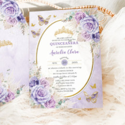 Boho Rustic Pampas Purple Lilac Floral Quincea&#241;era Invitation