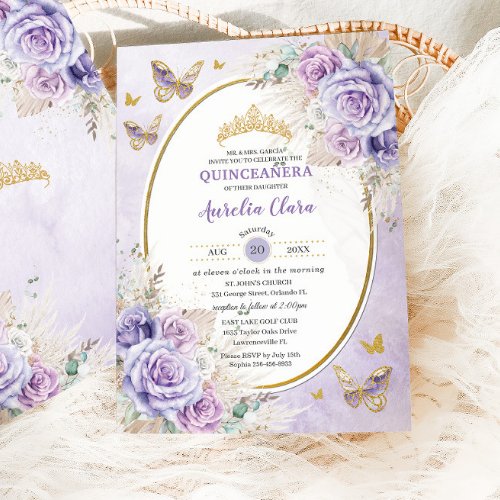 Boho Rustic Pampas Purple Lilac Floral Quinceaera Invitation