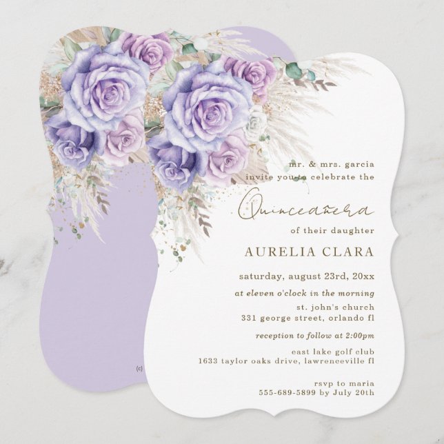 Boho Rustic Pampas Purple Lilac Floral Quinceañera Invitation (Front/Back)