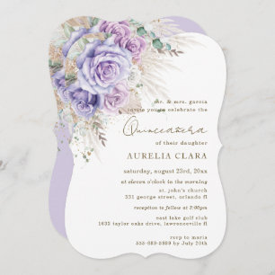 Boho Rustic Pampas Purple Lilac Floral Quinceañera Invitation