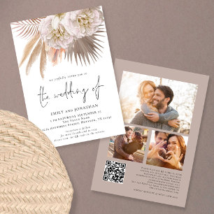 Boho Rustic Pampas Script QR 3 photo Wedding Invitation