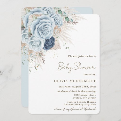 Boho Rustic Pampas Soft Blue Floral Baby Shower Invitation