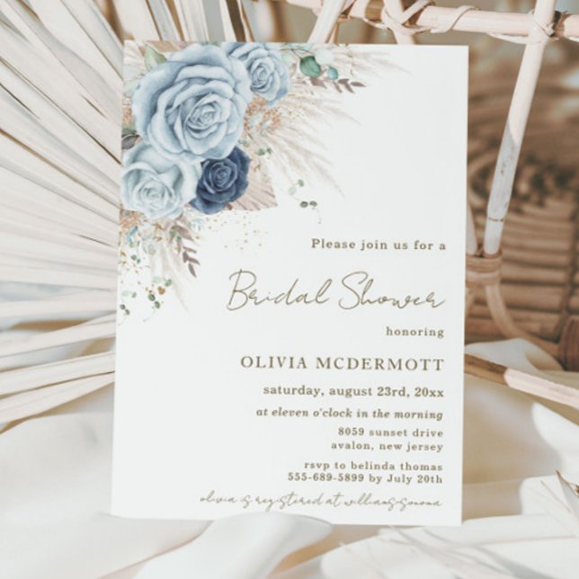 Boho Rustic Pampas Soft Blue Floral Bridal Shower Invitation (Creator Uploaded)