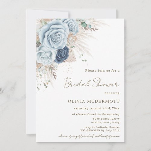 Boho Rustic Pampas Soft Blue Floral Bridal Shower Invitation