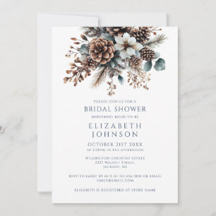 Boho Rustic Pinecone Floral QR Code Bridal Shower Invitation